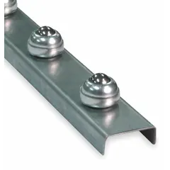 This light-duty multi-directional ball transfer flow rail is 5 ft long with a capacity of 120 lb/ft when used with 5 ft supports. It features steel balls in inline alignment, 4 wheels per foot, and threaded-stud mounting. Suitable for material handling systems where packages, totes, or pallets need to move freely in any direction, such as at conveyor merge points or turntables.