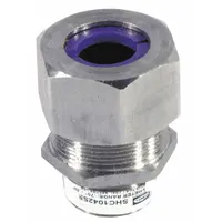 Straight metallic cable grip with stainless steel body and silver finish. Features 1 in MNPT box connection, accommodates cord diameters 0.75 in to 0.88 in, and includes an orchid color-coded grommet. Rated IP66 and Class I, Division 2 for hazardous locations. Used to secure and seal cables entering enclosures in industrial environments