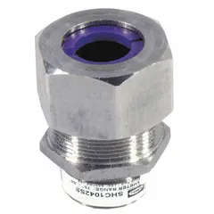 Straight metallic cable grip with stainless steel body and silver finish. Features 1 in MNPT box connection, accommodates cord diameters 0.75 in to 0.88 in, and includes an orchid color-coded grommet. Rated IP66 and Class I, Division 2 for hazardous locations. Used to secure and seal cables entering enclosures in industrial environments.
