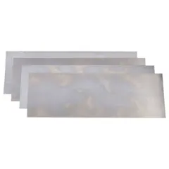This 12-piece steel shim stock assortment includes strips of Grade 1008/1010 steel, each 18 inches long and 6 inches wide. Thickness tolerance is ±0.00075 in, width tolerance ±0.005 in, and length tolerance +0.125/-0.000 in. Used for precision alignment, gap filling, and leveling in industrial machinery and tooling applications.