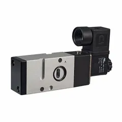 NAMUR-mount single-solenoid valve with 3 ports, 1/4 in NPT inlet and outlet, operating on 24V DC. Direct-acting design for controlling pneumatic actuators in industrial automation systems.