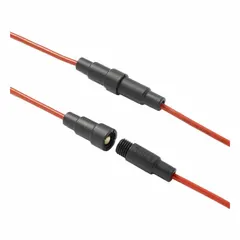 Single-pole in-line fuse holder with wire leads, rated 350 V AC. Accepts 5x20mm glass or ceramic fuses. Used for overcurrent protection in electrical circuits where a compact, wire-connected holder is required.