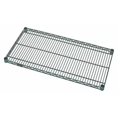 Steel wire shelf with antimicrobial properties, suitable for dry and wet environments. Features a quick-adjust design and epoxy-coated green finish. Load capacity of 600 lb. Commonly used in commercial kitchens, warehouses, and industrial storage areas.