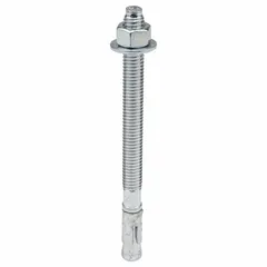Steel wedge anchor for heavy-duty fastening into solid concrete. Used to secure structural steel, machinery, or racking. Zinc-plated finish. 3/8" diameter, 3/8"-16 thread size, 3 3/4" thread length. 50-pack.