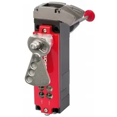 Safety switch with guard locking featuring Unicode coding and RFID-compatible actuator technology. Equipped with a built-in M12 connector (5 pins) and supports daisy-chaining for simplified wiring. Used to monitor guard position and locking status on industrial machinery, such as automated assembly lines, packaging equipment, and robotic cells.