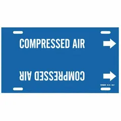 Strap-on pipe marker for identifying compressed air lines. Blue background with white legend and directional arrows. Fits pipe outer diameters from 6 to 7-7/8 inches. Includes one marker with arrows to indicate flow direction.