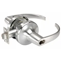 Storeroom lever lockset with ANSI F86 function, allowing egress at all times while restricting entry to authorized key holders. Satin chromium-plated heavy gauge steel finish. ADA compliant lever. Accepts Small Format Interchangeable Core (SFIC). Suitable for commercial storeroom doors requiring push-button or key locking from outside.