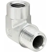 Steel 90° elbow with 1/4 in male NPT and 1/8 in female NPT threaded connections. Rated for maximum operating pressure of 5,000 psi. Used in hydraulic systems to change flow direction under extreme pressure