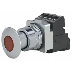 This maintained-action illuminated push button features a 30 mm metallic mushroom head profile with 1NO/1NC contacts. It is part of the Siemens Class 52 series and is suited for industrial control panel applications requiring a large actuation surface.