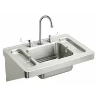 This ELKAY commercial-grade bathroom sink is a one-station wall-mounted unit made of stainless steel with a silver finish. It includes the LK940Gn05T4H faucet with dual manual handles. The sink has an overall length of 28 inches and is suitable for high-traffic restroom applications
