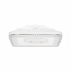 This LED canopy fixture delivers 6400 to 9600 lumens at 60 watts, with a color temperature of 3000K. It operates on 120 to 347V AC and features a white housing. Designed for standard parking garages and canopy lighting, it provides illumination for covered outdoor areas such as gas station canopies, parking structure ceilings, and building entrances.