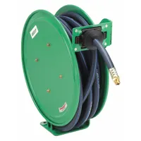 Spring Return Hose Reel: 50 ft (1/2 in I.D.), 3/8 in MNPT, 300 psi Max Op Pressure, Brass, Green
