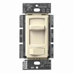 Single-slide fan speed control for universal ceiling paddle fans. SPDT switch rated 1.5 A at 120V AC. Almond plate, non-reversible. Suitable for residential or light-commercial installations requiring single-pole control.
