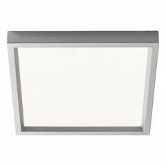Low-profile square surface-mount LED downlight with silver aluminum housing. 6 in nominal size, 5/8 in height. 1,000 lm output at 2700K color temperature, 14 W power consumption, 120V AC operation. Suitable for vanity lighting in bathrooms, corridors, and accent areas.