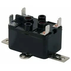 This fan-control relay features a single-pole single-throw (SPST) normally open contact and a 120V AC coil. It is used for switching applications in HVAC and refrigeration systems, such as controlling fans, pumps, and other equipment.