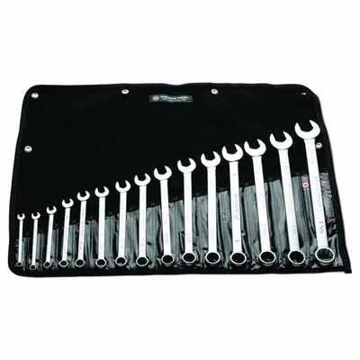 WRIGHT Wrench Set: Steel, Satin, 15 Tools, 15 Range of Head Sizes, 15° Head Offset Angle - SAE 12-Point Combination Wrench Sets
