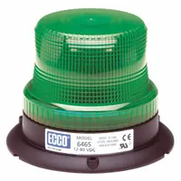 Round green LED flashing beacon with 3 7/8 in overall height, operating on 12-80V DC. Features 80 FPMx8 flash patterns and SAE Class 3 rating. Includes mounting hardware, bolt mount, and blunt cut wires for connection. Suitable for warning and safety applications on service trucks, construction equipment, or tow vehicles