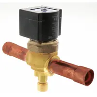Refrigerant solenoid valve for controlling flow in HVACR systems. Used in commercial refrigeration, air conditioning, and heat pump applications to open or close refrigerant passage based on system demand