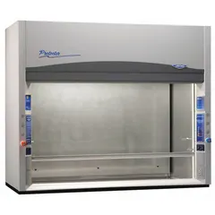 This 8 ft wide ducted fume hood is designed for handling radioactive isotopes in laboratory settings. It includes a Surface Tempered Safety Glass Vertical-Rising Sash and a work surface. A blower and base/stand are not included but are required for operation.