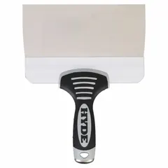 Corrosion-resistant spreading tool with a straight stainless steel blade and plastic handle. Used for applying joint compound, spackle, or adhesive in drywall finishing and surface preparation. Suitable for wet or humid environments.
