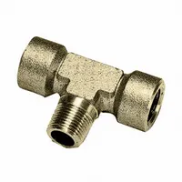 Threaded high-pressure pipe tee with 1/4 in x 1/4 in x 1/4 in configuration, rated for 1,000 psi maximum operating pressure. Made from C37700 brass, overall length 2 3/64 in. Used to split or join fluid or air lines in industrial piping systems
