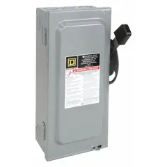 This SQUARE D fusible safety switch is rated 60 A, 240V AC, single phase. It features a galvanized steel enclosure for indoor use. Used as a disconnecting means for electrical circuits in commercial and industrial applications.