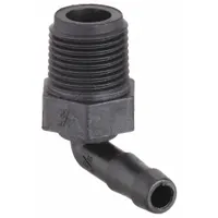 This polypropylene rigid barbed hose fitting connects 3/8 in I.D. hose to 1/2 in NPT male threads. The barbed end secures hose without clamps, while the hex body allows wrench tightening. Suitable for air, water, and chemical transfer in industrial fluid handling systems