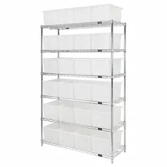 This wire stationary bin shelving unit features a chrome-finished carbon steel frame and includes 24 clear stack-and-nest bins, each measuring 9 x 11 x 18 inches. The one-sided design provides organized storage for small parts and components in warehouses, workshops, and manufacturing facilities.