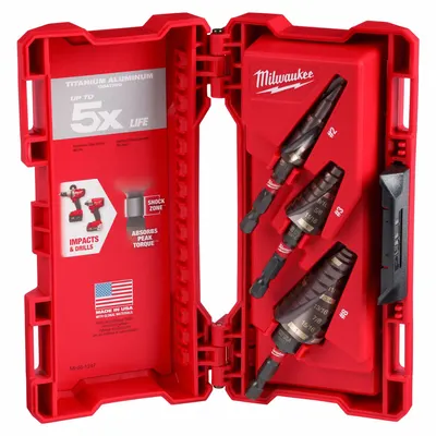 MILWAUKEE Step Drill Bit Set: 3 Pc, 1/8" to 1" - Impact-Rated High-Speed Steel Step Drill Bit Sets