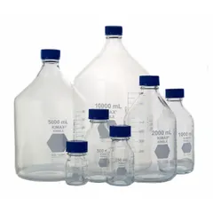 5 L colorless glass media bottle with narrow mouth and GL 45 screw thread. Includes a screw-on closure. Commonly used for storing, mixing, and dispensing laboratory media, buffers, and solutions. Height 330 mm.