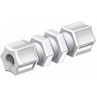Polypropylene compression tube fitting for connecting two 5/16 in OD tubes through a panel or tank wall. NSF 14 Listed for potable water systems. Sold as a 5-pack