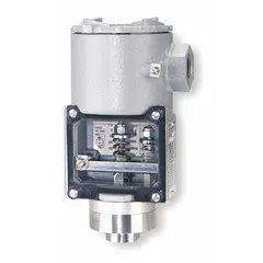 This pressure switch from the SA1100 Series is designed for use in hazardous locations. It features a single 1/4" FNPT pressure connection port and a set-point range of 10 psi to 150 psi. Typical applications include monitoring or controlling pressure in environments where explosive gases or combustible dust may be present.