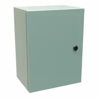 This steel washdown enclosure measures 16 x 12 x 8 inches and is rated NEMA 12, 3R, and 4. It features a solid hinged cover secured with a 1/4-turn latch. Suitable for indoor or outdoor use where protection from dust, rain, sleet, and hose-directed water is required. Knockouts are not included