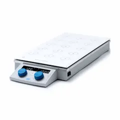 Digital multiposition hot plate stirrer with 15 positions. Plate dimensions: 17 in length, 8 3/4 in width. Operates on 115V AC with US Standard plug. Used for simultaneous heating and stirring of multiple samples in laboratory applications such as parallel synthesis and dissolution testing.