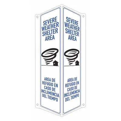 LYLE Safety Sign: Aluminum, Mounting Holes Sign Mounting - V-Shape Projection Severe Weather Shelter Area/Area De Refugio En Caso De Inclemencia Del Tiempo Signs