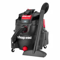 This SHOP-VAC heavy-duty vacuum features a 16-gallon plastic tank for wet or dry pickup. It includes a 2-1/2 inch diameter hose that is 7 feet long. Suitable for cleaning liquid spills and dry debris in workshops, construction sites, and maintenance areas