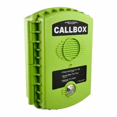 This RITRON call box features a hinge enclosure in Hi-Viz Green and operates on the VHF MURS band, requiring no license. It includes a stored-voice message and a relay for external device control. Typical applications include industrial sites, warehouses, loading docks, and security checkpoints.
