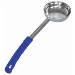 Solid stainless steel portion control spoon with an 8 oz capacity and 15 in overall length. Features a blue plastic handle. Used in commercial kitchens and food service operations to measure and serve consistent portions of solid foods from deep pots or large containers.