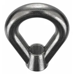 Steel eye nut with black oxide finish, oval shape, 1"-8 thread, 2 1/4" inside diameter, 4" outside diameter, and 5" height. Used as a lifting point for attaching slings, hooks, or cables in rigging and overhead lifting applications.