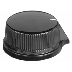 Thermoset pointer control knob with 1.13 in diameter and 0.5 in height. Features an unthreaded bushing for mounting. Used for manual adjustment and position indication on control panels and instrumentation.