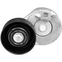 Self-adjusting belt tensioner with one pulley, 3 in outside diameter. Maintains proper tension on serpentine or accessory drive belts in vehicles, preventing belt slippage and noise