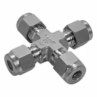 This double-ferrule stainless steel compression cross fitting has four 1/4 in OD ports. It is part of the Let-Lok series and is compatible with Parker A-LOK fittings. Used to connect four tubes of equal outer diameter in instrumentation and process systems