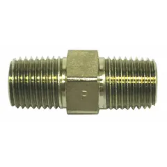 Male x Male, NPTF x NPTF, rigid, straight steel adapter. Connects hydraulic hoses with NPTF threads for leak-resistant taper-thread sealing in fluid power systems.