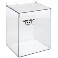 This wall-mounted dispenser is constructed from clear PETG plastic and measures 9 inches high by 6-3/4 inches wide by 6 inches deep. It holds one pack of eye shields, providing organized storage and easy access in environments where eye protection is required