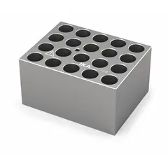 Dry block heater made of anodized aluminum for uniform heat transfer. Features 20 wells of 13 7/8 mm diameter, suitable for heating test tubes or vials in laboratory procedures such as incubation and sample preparation. Includes an integrated thermometer well for temperature monitoring. Overall dimensions: 3 in length by 3 3/4 in width.