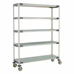 This mobile shelving unit features five standalone shelves constructed from 304 stainless steel with antimicrobial and corrosion-resistant properties. It is NSF approved and equipped with two swivel casters, making it suitable for wet environments in industrial settings such as food service, healthcare, and laboratories.