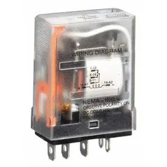 Socket-mounted relay from the L Series with a square base and plug-in mounting. Features SPDT contacts rated for 15 A at 240V AC, with 5 terminals. Suitable for general-purpose switching in control panels and automation systems.