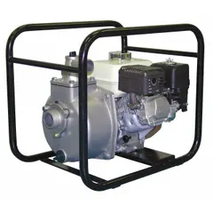 This engine-driven water pump features a 4 4/5 hp recoil-start engine and an aluminum volute. It has a 2 in NPT inlet and a 1 1/2 in NPT outlet, with a maximum head of 164 ft. Suitable for dewatering, irrigation, and water transfer in areas without electric power.