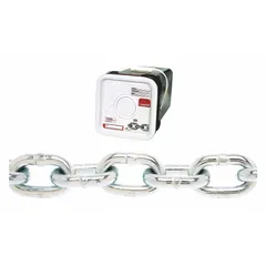Carbon steel welded chain, Grade 30 rated, with a 3/16 in trade size. Straight link design for load-securing applications such as tie-downs, towing, and general industrial binding on trucks, trailers, and flatbeds.