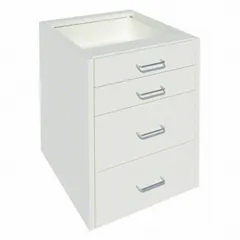 Steel wall mounted cabinet with 4 drawers. Overall dimensions: 24 in width, 22 in depth, 23 1/8 in height. Suitable for organizing tools, parts, and documents in workshops and maintenance areas.